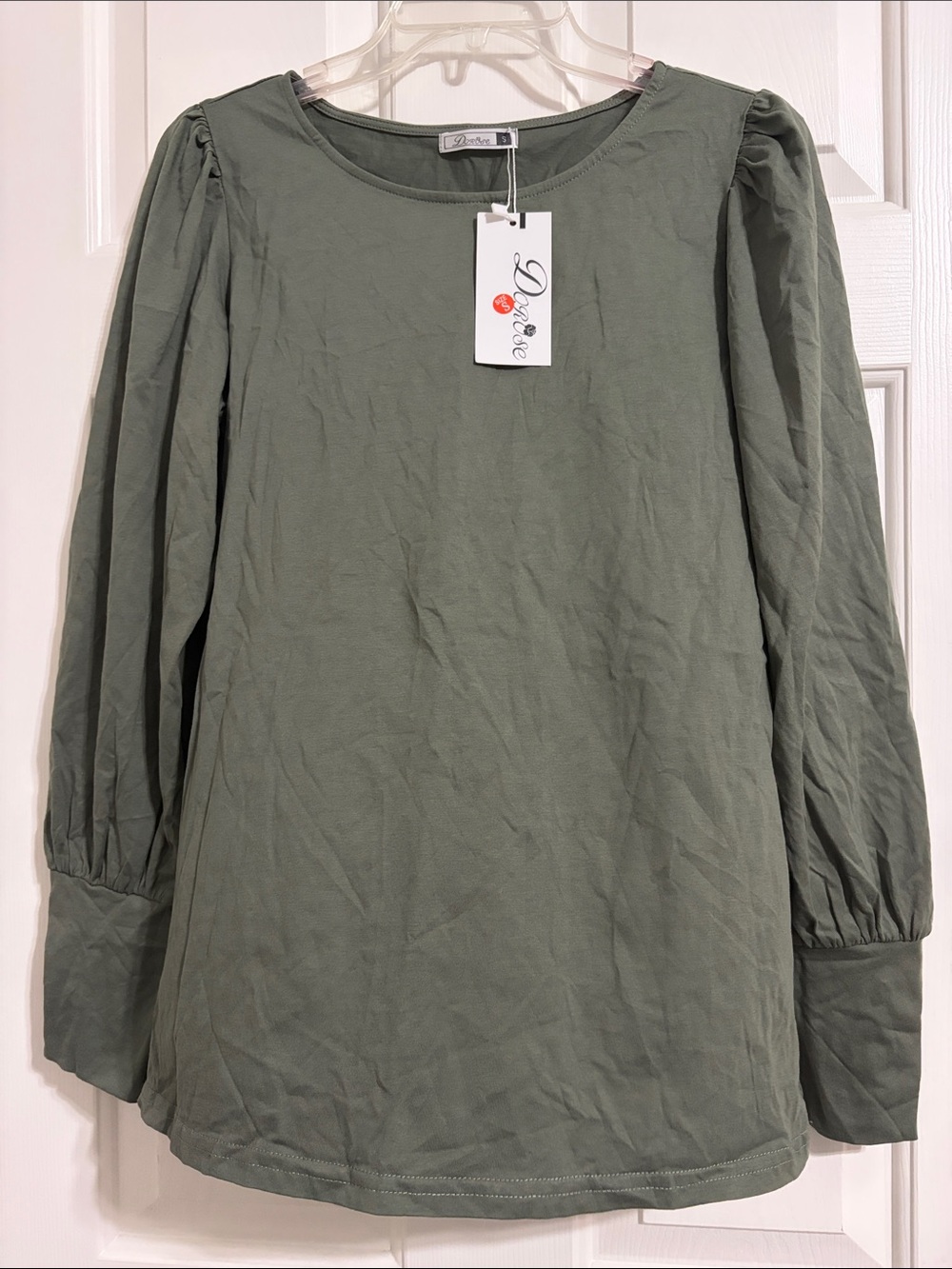 NWT Dorose Olive Green Long Sleeve Puff Shoulder Top